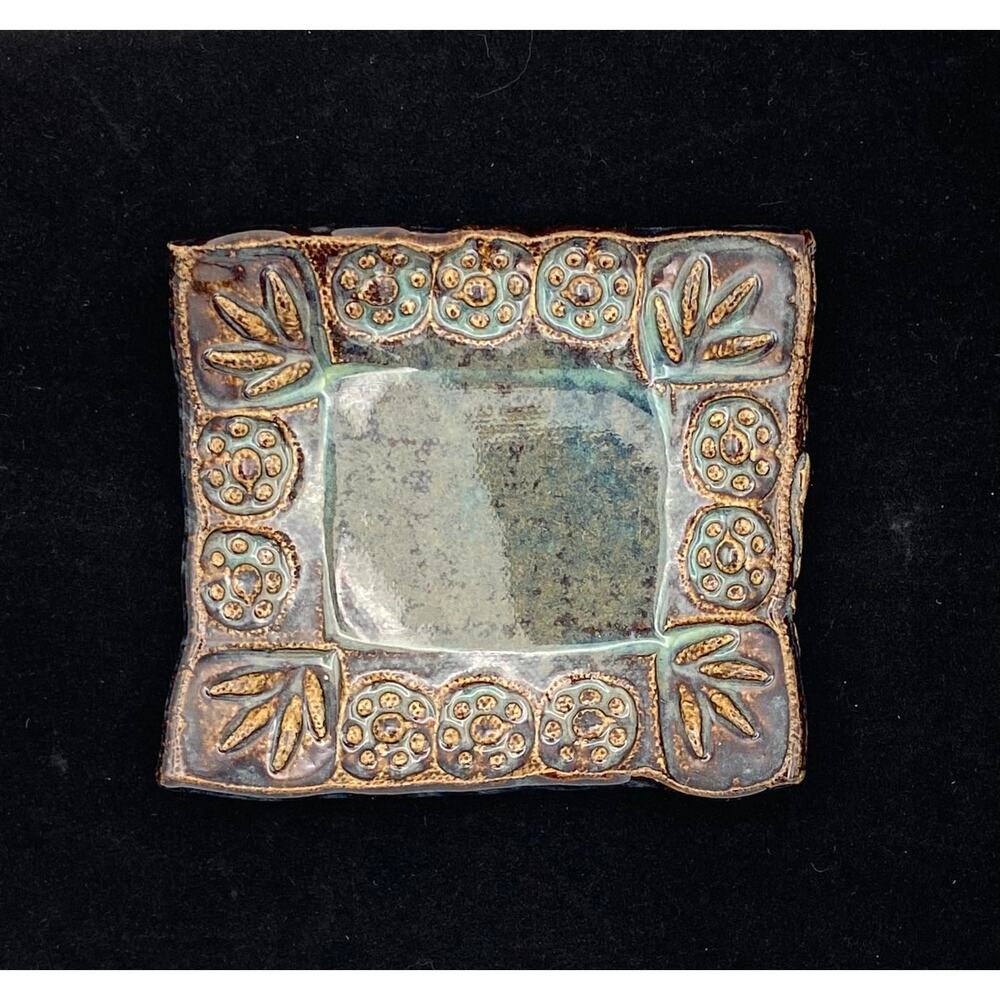 Handmade Pottery Ring Dish Brown & Blue Rectangular Trinket Textured Signed